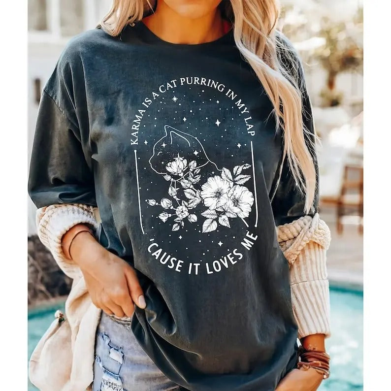 Karma Is a Cat Purring In My Lap Cause It Loves Me Shirt, Funny Cat Shirt, Karma Is A Cat Shirt, Animal ShirtLover Cotton...