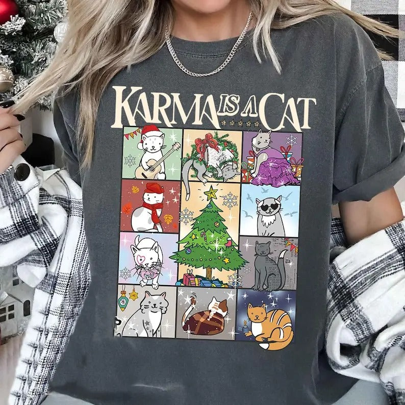 Karma Is a Cat Shirt, Kitten T-Shirt,Cat Lover Gift Tee,Concert Tee,Positive Quote Tee,Karma T-Shirt,Merry Swiftmass...