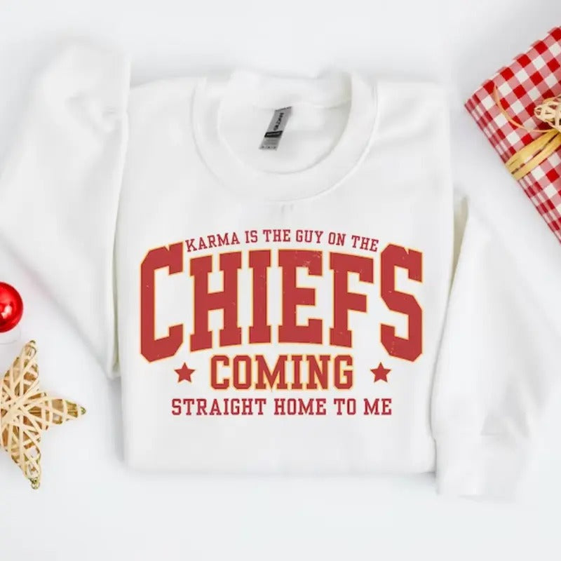 Karma is the Guy on the Chiefs Sweatshirt - Casual Long Sleeve Crewneck Pullover | Funny Women's Letter Print Sweatshirt...