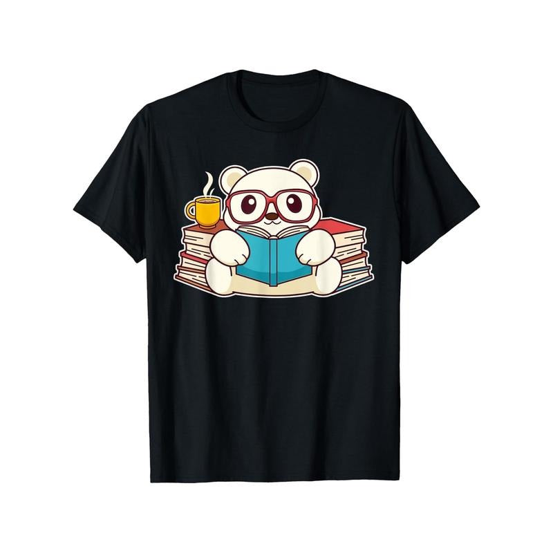 Kawaii Polar Bear Reading Books T-Shirt, 100% Cotton Casual Tee, Unisex Printed Short Sleeve Round Neck Top for All...