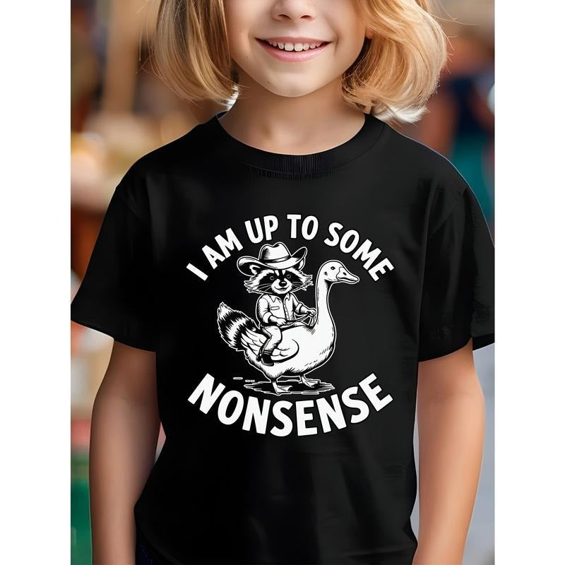 Kids' Cotton T-Shirt with Raccoon Graphic, Crew Neck, Casual Style, All-Season Comfort, Medium Stretch Knit Fabric,...