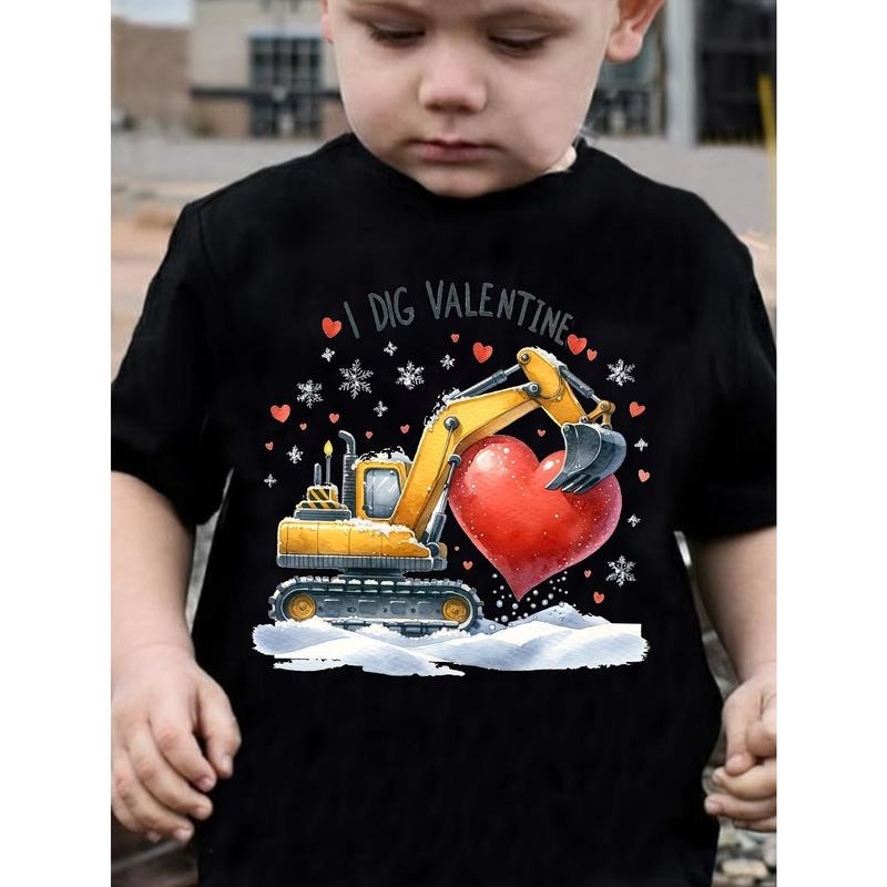 Kids' Valentine'S Day Excavator T-Shirt, 100% Cotton Crew Neck, Medium Stretch Knit Fabric, Regular Fit Casual Top for...