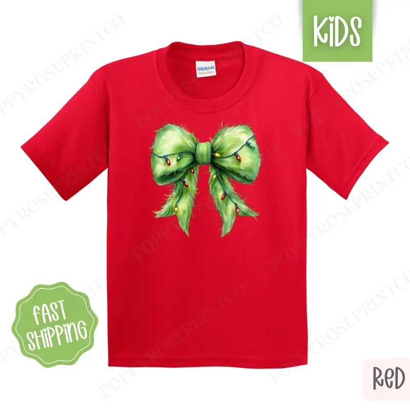 Kids Christmas Shirt - Grinchy Bow Children's Tshirt - Youth Holiday Tee Gildan Hoodie, Sweatshirt | HypeCrazeTee.com