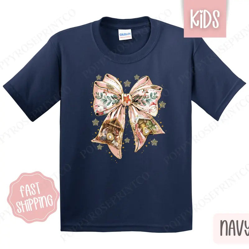 Kids Christmas Shirt - Nativity Bow Childrens Tshirt - Youth Holiday Tee Gildan Hoodie, Sweatshirt | HypeCrazeTee.com