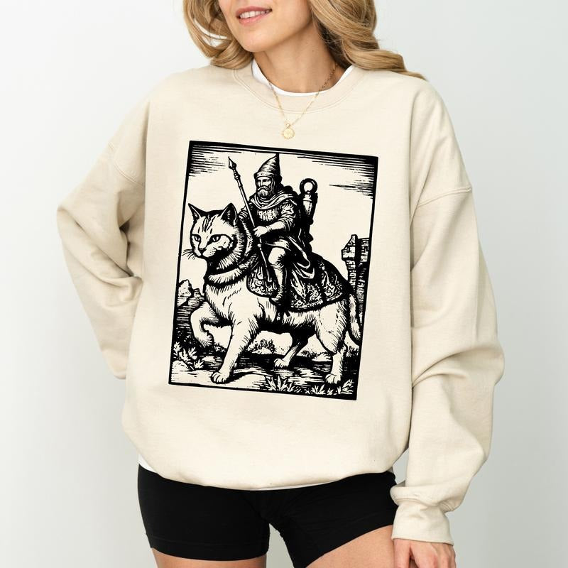 Knight Riding Cat Sweatshirt, Funny Meme Knight Kitten Pullover, Vintage Dark Art Tops, Cute Cat Lover Gifts, Cat Mom...