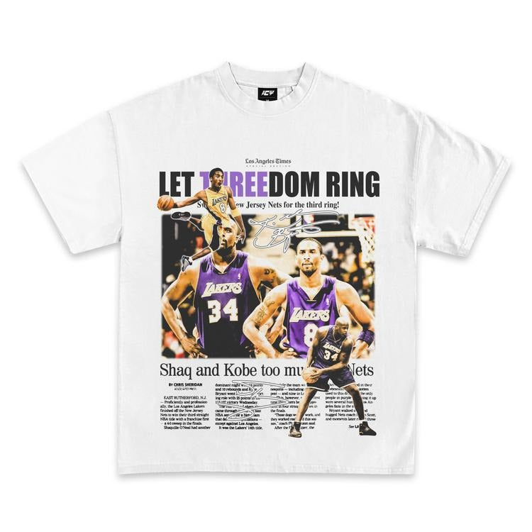 Kobe and Shaq Threedom Rings Newspaper Graphic T-Shirt Hoodie, Sweatshirt | HypeCrazeTee.com