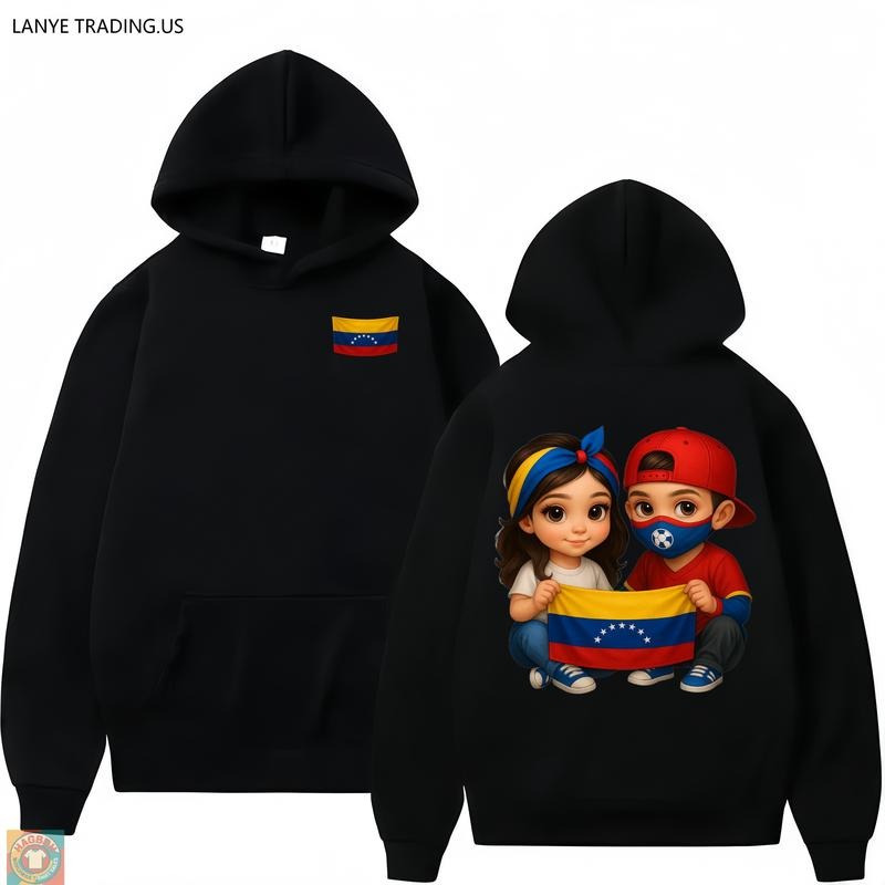 LANYE TRADING.US Men's Black Graphic Hoodie with Venezuela Spirit Design Crewneck Long Sleeve Fleece Sweatshirt for Daily...