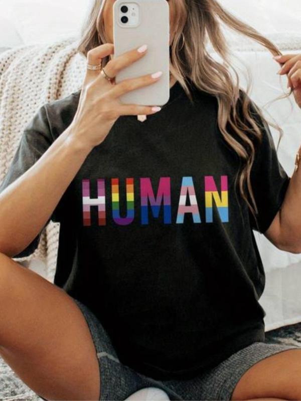 LGBTQ+Women's Colorful Striped Letter Print Round Neck Graphic Tee, Vintage Trendy Casual Short Sleeve T-shirt for Daily...
