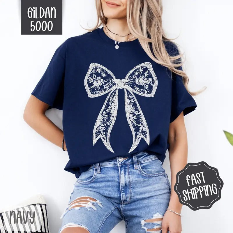 Lace Bow Shirt Gildan, Coquette Lace Bow Women's Tee, Cute Women's Tshirt Plus Sizes Hoodie, Sweatshirt | HypeCrazeTee.com