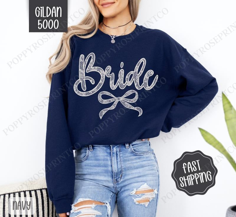 Lace Bride Sweatshirt, Bridal Coquette Lace Bow Crewneck, Cute Women's Sweater T-Shirts, Hoodie | HypeCrazeTee.com