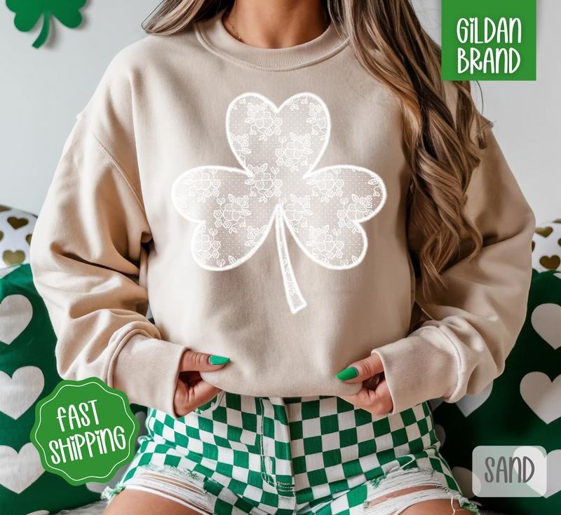 Lace Clover Sweatshirt, St Patrick's Day Crewneck, Cute Women's Sweater T-Shirts, Hoodie | HypeCrazeTee.com