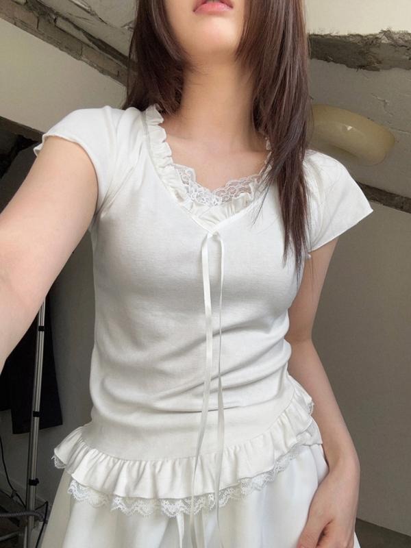 Lace Patchwork Bowknot Girls' T-Shirt, Round Neck Short Sleeve Cute Ruffle Top, Korean Style Fashion for Teens Hoodie,...