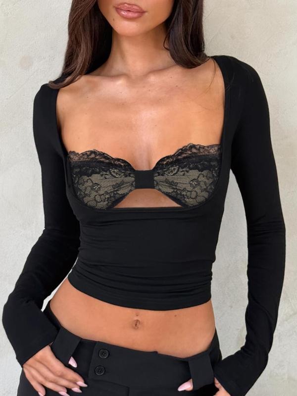Lace Patchwork Faux Two-Piece T-Shirt, Square Neck Long Sleeve Hollow Out Sexy Spring Summer Street Fashion Y2K Tee for...
