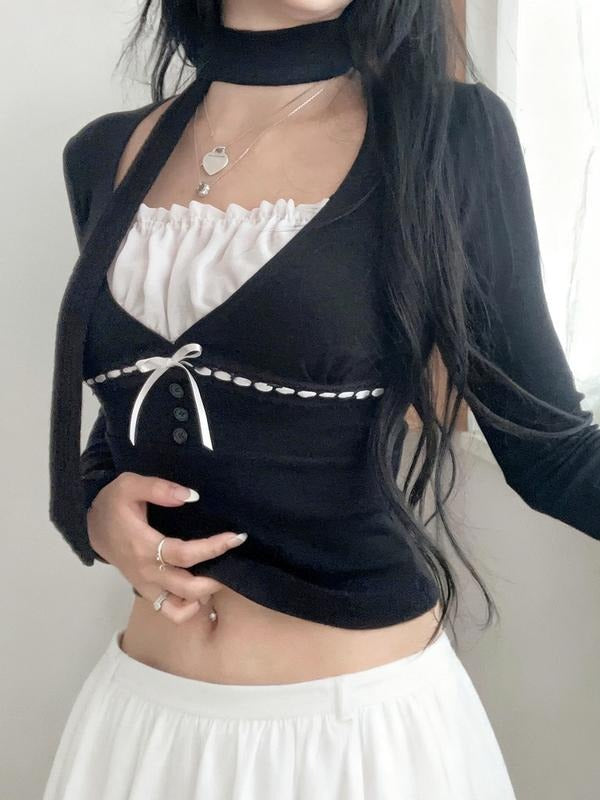 Lace Patchwork Square Neck Long Sleeve Y2K T-Shirt, Sweet Butterfly Knot Lace Trim Cute T-Shirt for Girls, Fall Winter...