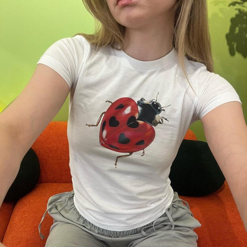 Ladybug Y2K Baby Tee, Cute 90s Trendy Insect Shirt, Y2K Vintage Bug Graphic Top, Coquette Aesthetic Baby Tee 2000s Retro...
