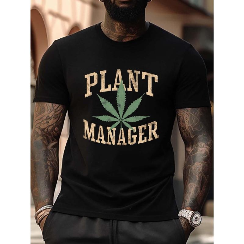 Large Men's Summer T-Shirt - Leaf PLANT MANAGER Graphic Printed, Fashionable Casual, Short-Sleeved, Suitable for Daily...