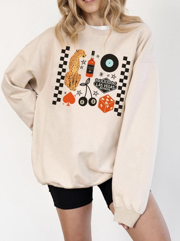 Las Vegas Retro Printed Sweatshirt | Khaki Oversized Style with Cheetah, Casino & Music Patterns | European and American...