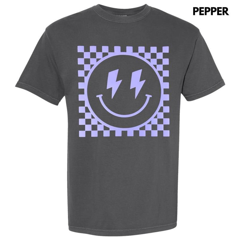 Lavender Checkered Happy Face Puff Comfort Colors T-Shirt Hoodie, Sweatshirt | HypeCrazeTee.com