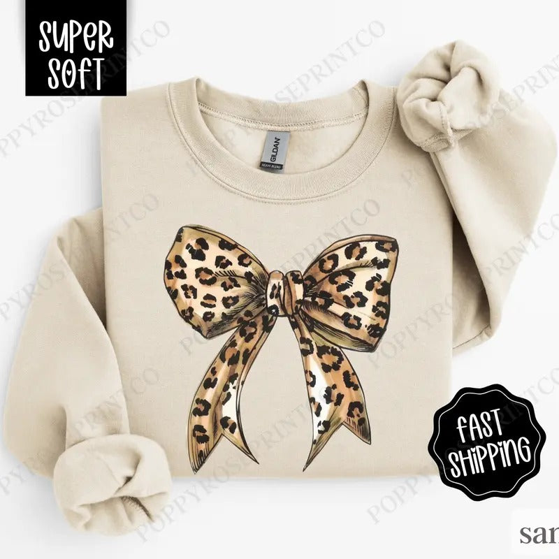 Leopard Bow Sweatshirt, Coquette Leopard Crewneck,  Women's Sweater T-Shirts, Hoodie | HypeCrazeTee.com