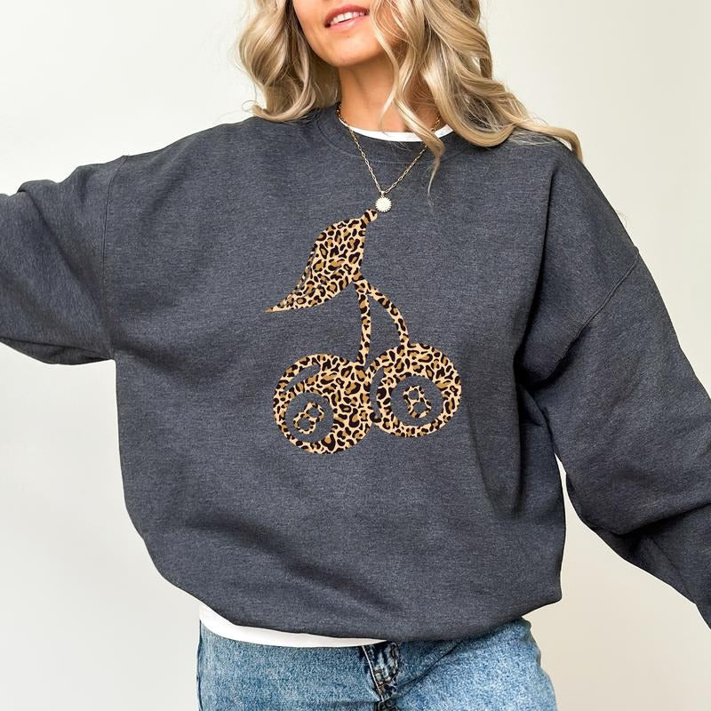 Leopard Cherry 8 Ball Sweatshirt, Y2k Cherry 80s Graphic Printed Crewneck, Cherry T-Tee, Retro Billiard Lovers Sweater,...