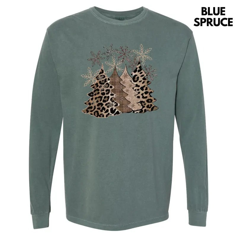Leopard Christmas Trees Long Sleeve Comfort Colors T-Shirt Hoodie, Sweatshirt | HypeCrazeTee.com