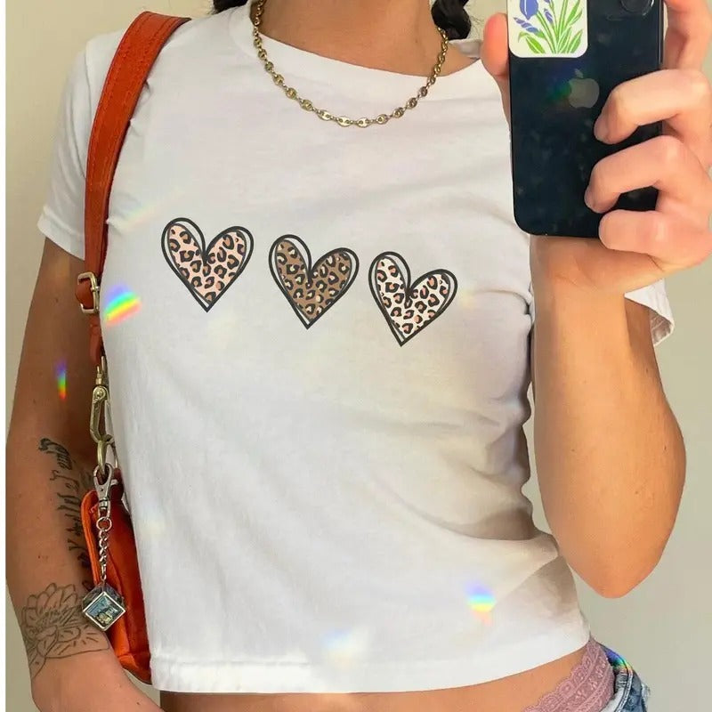 Leopard Heart Baby Tee - Valentines Day T-Shirt for Women