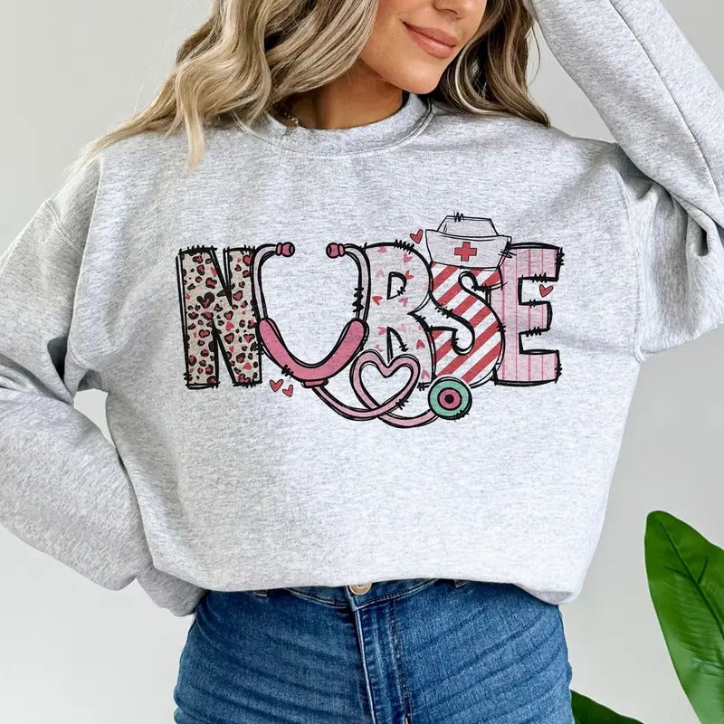 Leopard Nurse Valentine's Day Shirt, Stethoscope Heart Crewneck, Nurse Love Sweatshirt