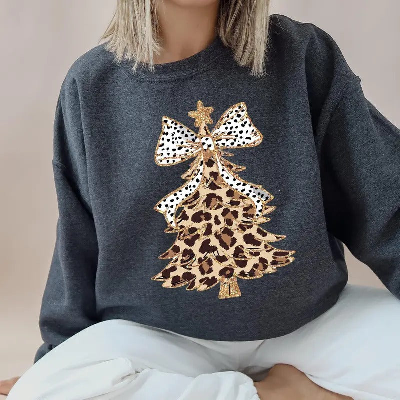 Leopard Print Christmas Tree, Dalmatian Bow, Santa, Cute, Girly Sweatshirt, Crew Neck, Women's, Crewneck T-Shirts, Hoodie