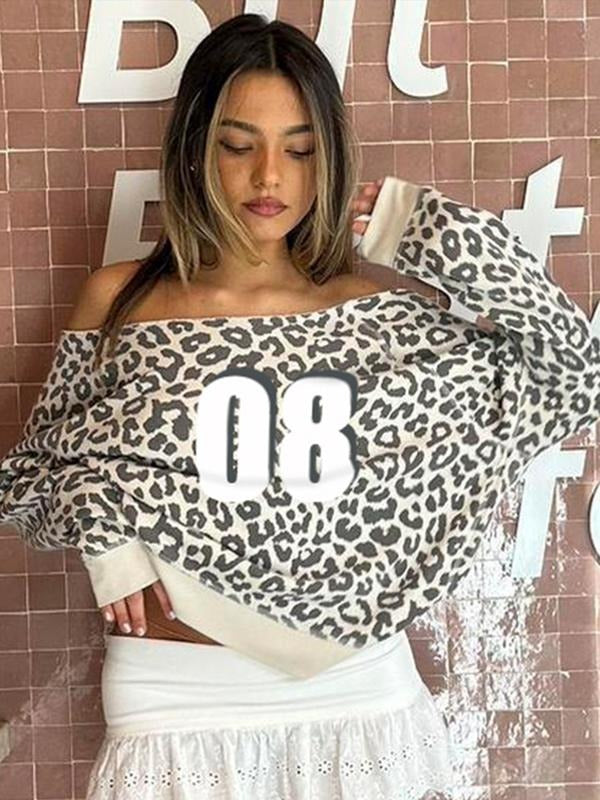 Leopard Print Colorblock Asymmetrical Neck Off-Shoulder Sweatshirt, Vintage Street Style Loose Pullover, Women's Fashion...