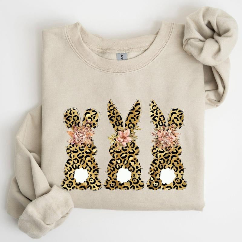 Leopard Print Easter Bunnies, Easter Rabbit Sweatshirt, Women's Crew Neck, Crewneck T-Shirts, Hoodie | HypeCrazeTee.com