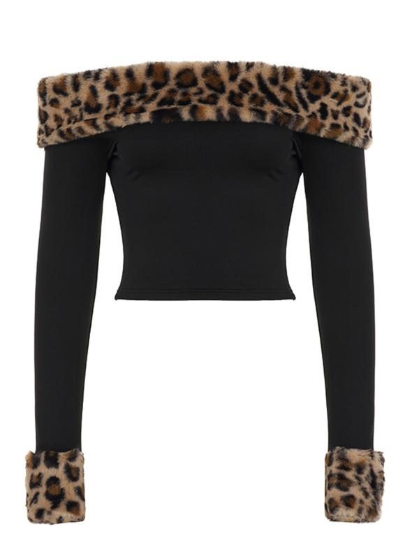 Leopard Print One Shoulder Long Sleeve T-Shirt, Backless Fall Winter Street Style Sexy Women's Top, Fashionable Casual...