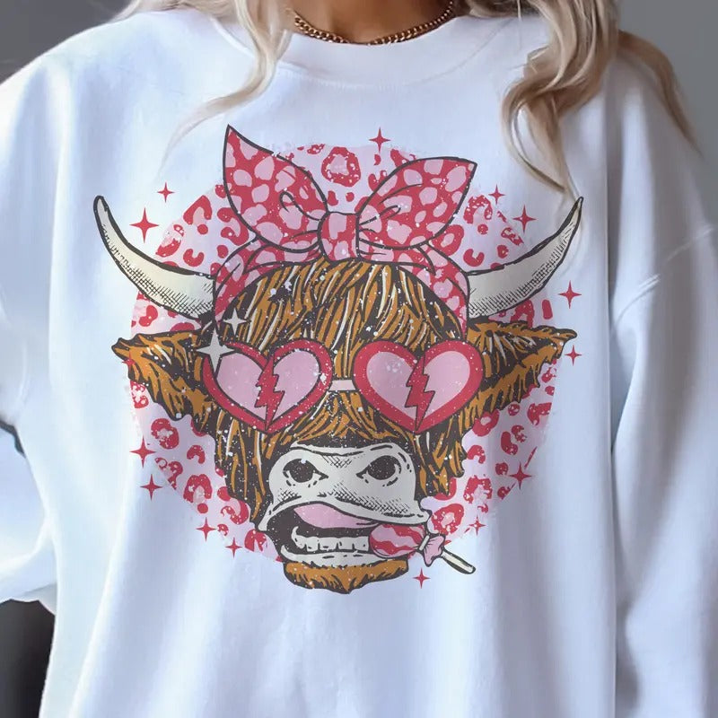 Leopard Valentine Highland Cow Coquette Leopard Sunglass Cow Love Heart Sunglasses Cow Casualwear Valentine Country Valentine Cow T-Shirts, Hoodie, Sweatshirt