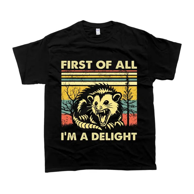 Letter  Skunk Print Crew Neck T-shirt First Of All I'm A Delight Top Hoodie, Sweatshirt | HypeCrazeTee.com