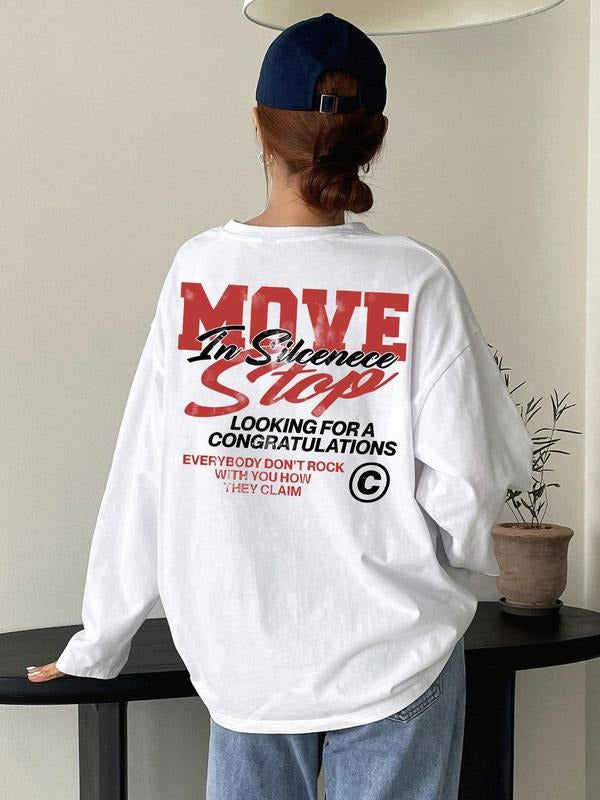 Letter Print Loose Fit T-Shirt, Street Style Y2K Minimalist Long Sleeve Tee, Casual Retro Comfortable Unique Streetwear...