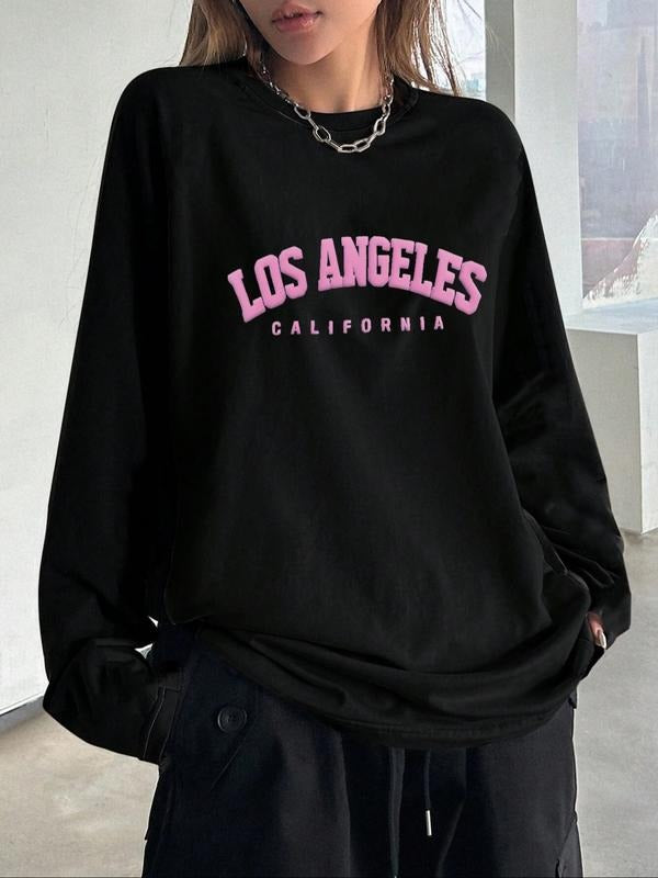 Letter Print Loose Fit T-Shirt, Street Style Y2K Minimalist Long Sleeve Tee, Casual Retro Comfortable Unique Streetwear...
