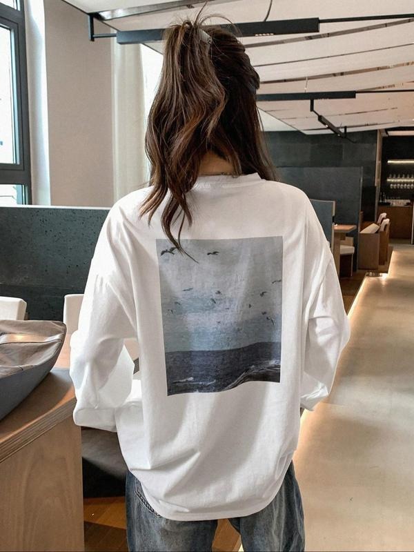 Letter Print Loose Fit T-Shirt, Street Style Y2K Minimalist Long Sleeve Tee, Casual Retro Comfortable Unique Streetwear...