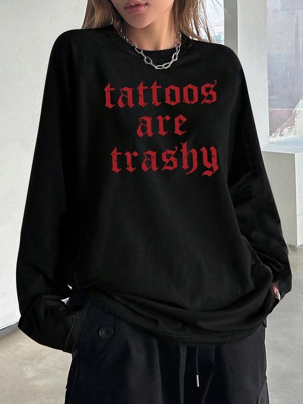 Letter Print Loose Fit T-Shirt, Street Style Y2K Minimalist Long Sleeve Tee, Casual Retro Comfortable Unique Streetwear...