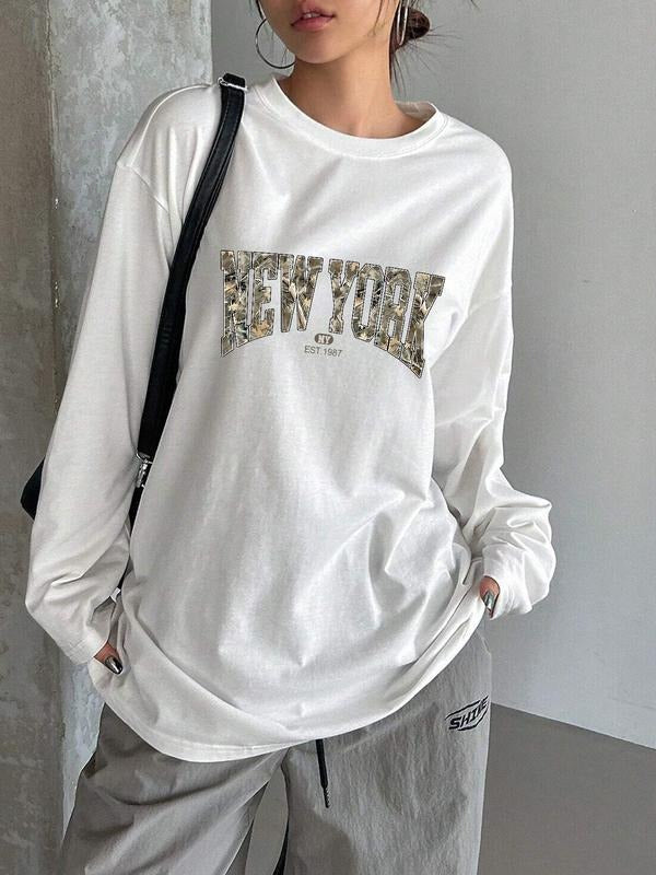 Letter Print Loose Fit T-Shirt, Street Style Y2K Minimalist Long Sleeve Tee, Casual Retro Comfortable Unique Streetwear...