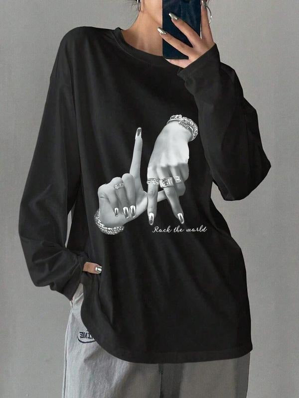 Letter Print Loose Fit T-Shirt, Street Style Y2K Minimalist Long Sleeve Tee, Casual Retro Comfortable Unique Streetwear...