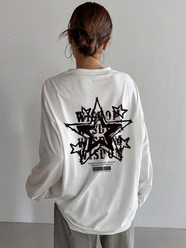 Letter Print Loose Fit T-Shirt, Street Style Y2K Minimalist Long Sleeve Tee, Casual Retro Comfortable Unique Streetwear...