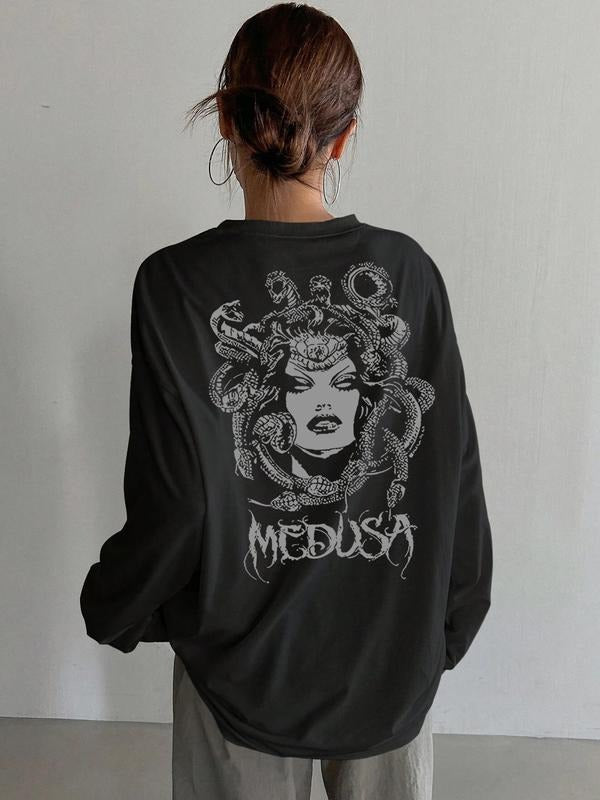 Letter Print Loose Fit T-Shirt, Street Style Y2K Minimalist Long Sleeve Tee, Casual Retro Comfortable Unique Streetwear...