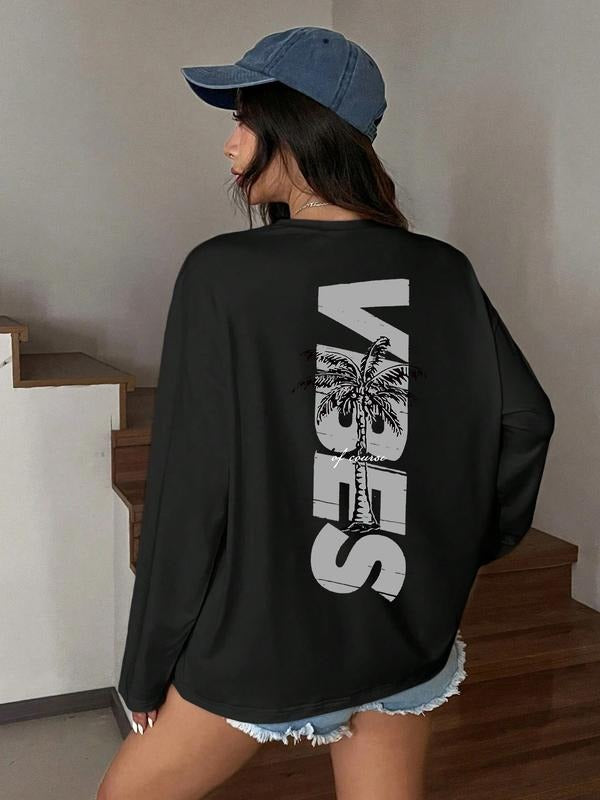 Letter Print Loose Fit T-Shirt, Street Style Y2K Minimalist Long Sleeve Tee, Casual Retro Comfortable Unique Streetwear...