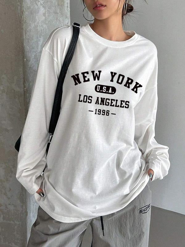 Letter Print Loose Fit T-Shirt, Street Style Y2K Minimalist Long Sleeve Tee, Casual Retro Comfortable Unique Streetwear...