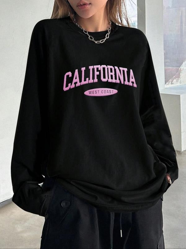 Letter Print Loose Fit T-Shirt, Street Style Y2K Minimalist Long Sleeve Tee, Casual Retro Comfortable Unique Streetwear...