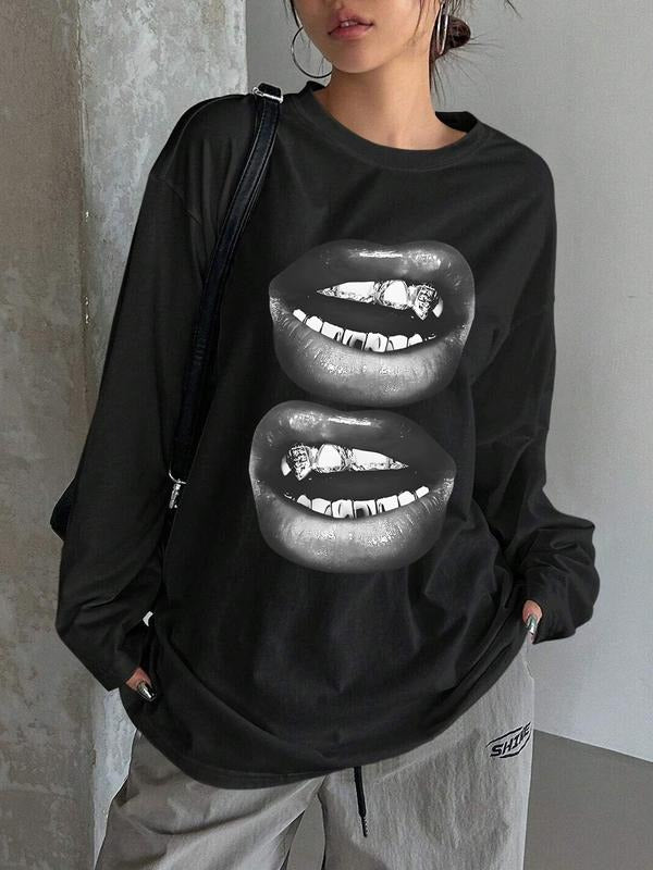 Letter Print Loose Fit T-Shirt, Street Style Y2K Minimalist Long Sleeve Tee, Casual Retro Comfortable Unique Streetwear...
