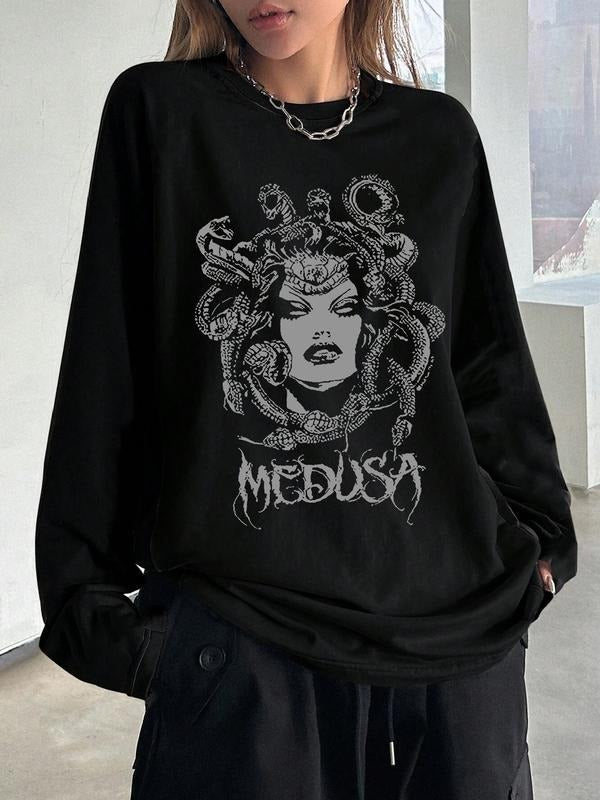 Letter Print Loose Fit T-Shirt, Street Style Y2K Minimalist Long Sleeve Tee, Casual Retro Comfortable Unique Streetwear...
