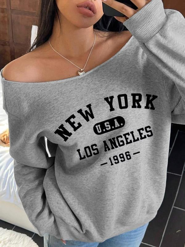Women's Number Print / Letter Print Regular Fit Off Shoulder Sweatshirt, Casual Basic Top for Fall & Winter, Women's Fall...