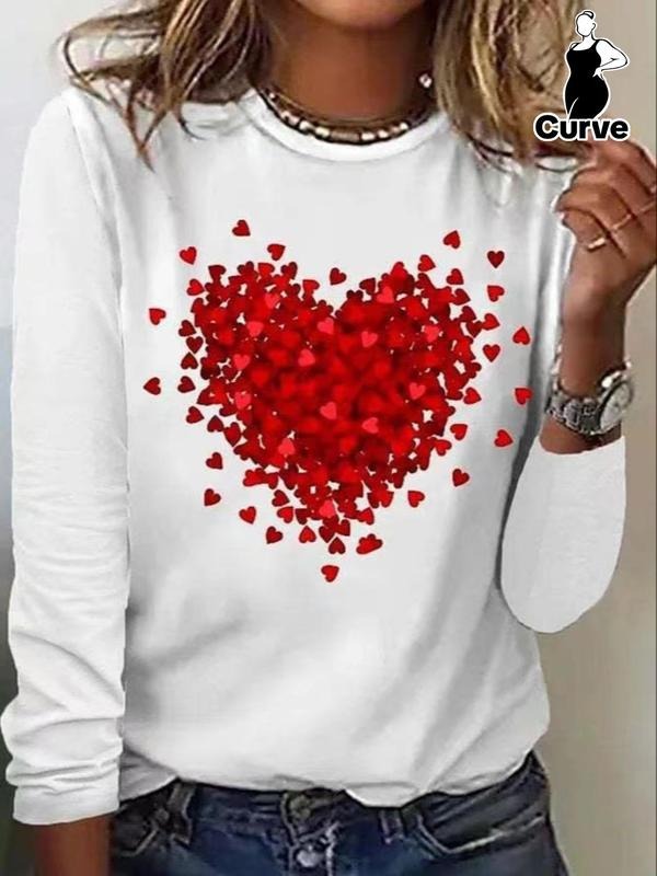 Plus Size Heart/Letter Print Round Neck Tee, Casual Long Sleeve Crew Neck T-Shirt for Spring & Fall, Women's Clothing for...
