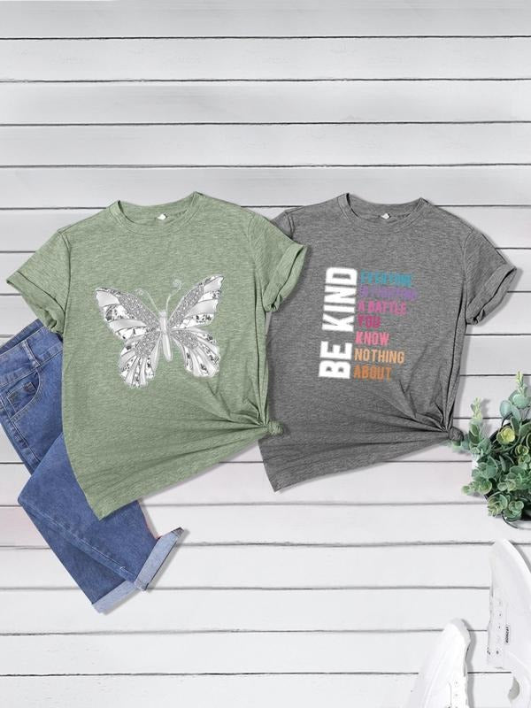 Women's Butterfly/Letter Print Round Neck Tee, Casual Short Sleeve Graphic T-shirt, Ladies All Seasons Outfit for Daily...
