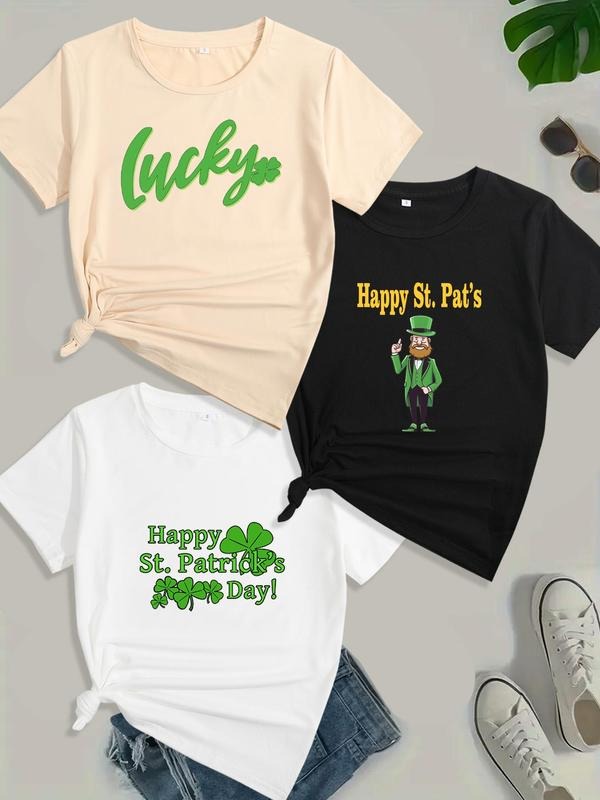 Women's St Patricks Day Themed Cartoon / Letter Round Neck Tee, Casual Short Sleeve Crew Neck T-shirt for Daily Wear,...